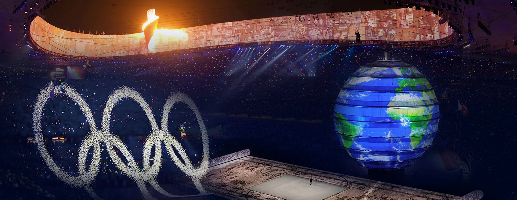 2008年北京奥运会开幕式 jinnianhui官网金年会打造梦幻五环、巨型LED地屏画卷、地球影像等项目